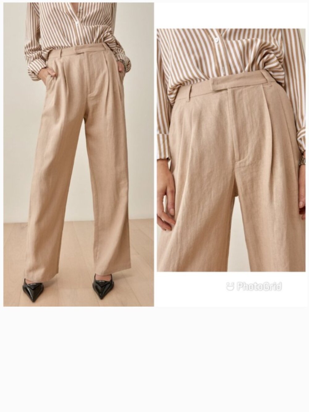 Reformation Earl Linen Pleated High Waisted Wide Leg Trouser Pants Oatmeal Beige - Picture 2 of 9